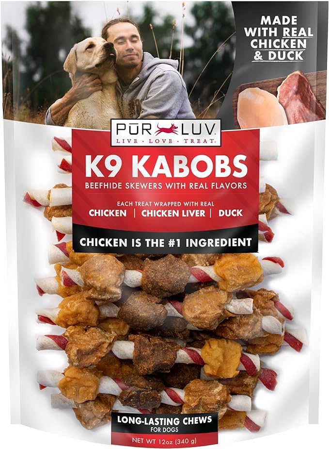 Pur Luv Dog Treats, K9 Kabobs Made with Real Chicken, Duck, and Sweet Potato, 12 Ounces, Dog Snacks, Healthy, Easily Digestible, Long-Lasting, High Protein Treat, Satisfies Urge to Chew
