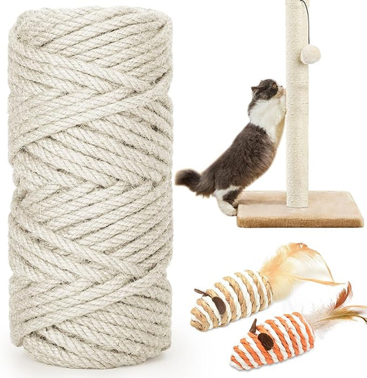 98FT/30M Cat Scratching Sisal Rope, 6mm Thick Natural Jute Rope for Scratch Posts, Cat Trees, DIY Projects, Sisal Rope for Cat Scratcher with 2 Cat Mouse Toys (White, 98ft)