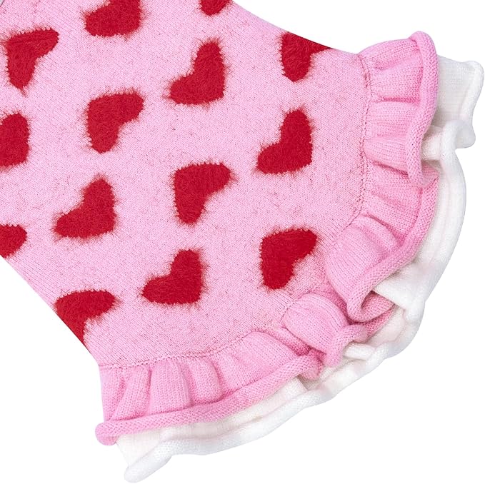 CuteBone Fancy Pink Dog Sweater Dress, Soft and Stretchy Dog Clothes for Medium Large Dogs Girl, Pink Heart Puppy Sweater Pullover Ruffle Dress Pet Outfit Cat Apparel