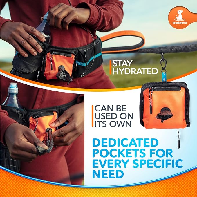 SparklyPets Active Waist Leash for Dog Walking Pack – Hands Free Dog Leash for Medium & Large Breeds – Complete Gear with Phone Holder, Detachable Poop Bag, Treat Pouch, and Bottle Holder