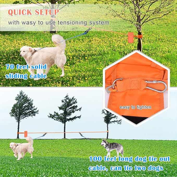 Upgraded Dog Tie Out Cable for Camping, 70FT Portable Knot-a-Hitch Dog Hitching System, Trolley System for Dogs up to 250lbs, Dogs Runner for Yard Camping Training Running Hiking Outdoor