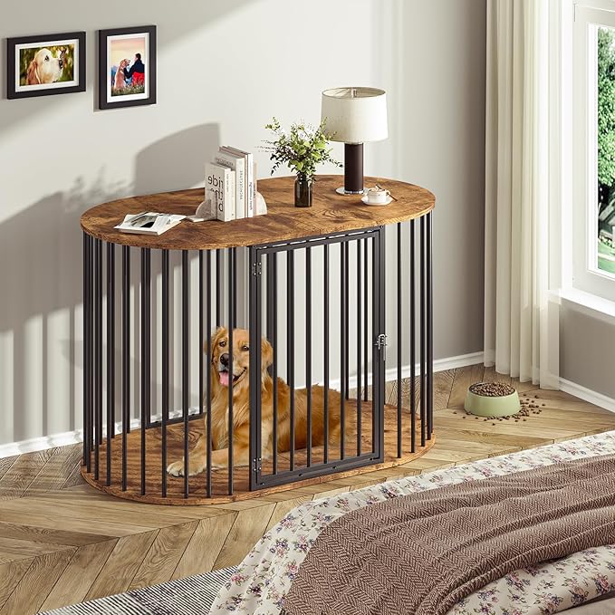 TVU 48 Inch Dog Crate Furniture, Heavy Duty Dog Kennel Indoor for Large Dogs, Oval Decorative Pet House End Table for Living Room, Bedroom, Hallway, 47.2" L x 27.6" W x 31.5" H, Rustic Brown, Black