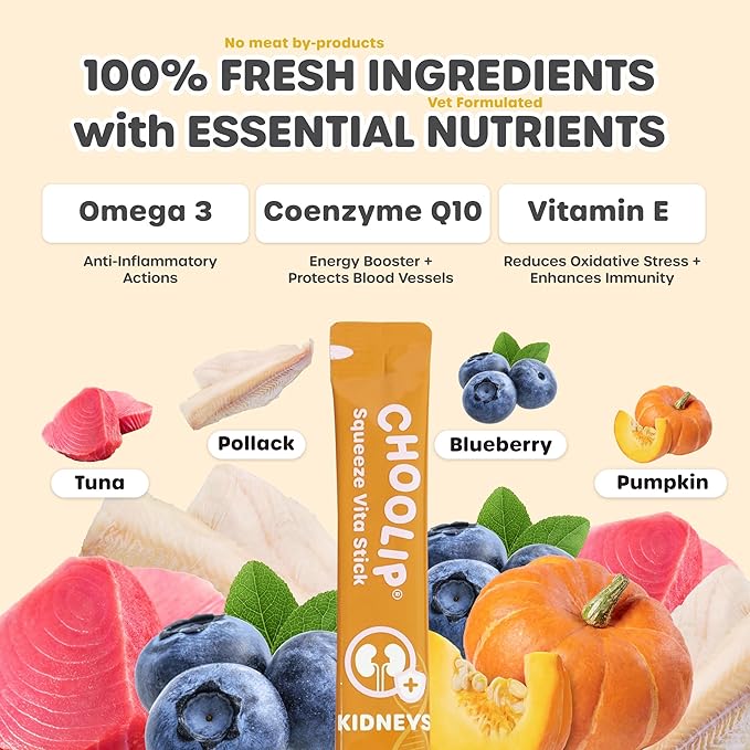 Choolip Squeeze Vita Stick Lickable Cat Treats & Dog Puree – 7-Count Kidney Support Tubes, Creamy Grain-Free Hydrating Puree, High-Protein Multivitamin Treats for Urinary & Kidney Health