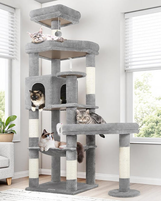 Globlazer Extra Large Platform Cat Tree, 65in Sturdy Cat Tree for Indoor Cats Large Adult, Big Cat Tower for Big Cats with 3 Enlarged Perches, 6 Scratching Posts, Cat Condo, Hammock, S65, Light Grey