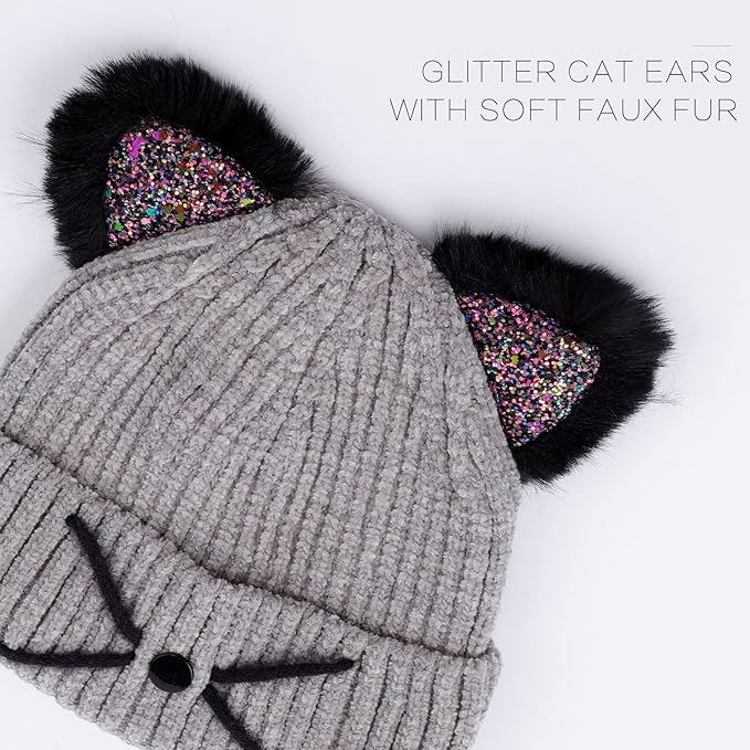 Kids Girls Cat Ear Hat Winter Warm Knit Beanie Cute Ski Skull Cap for Ages 7-12