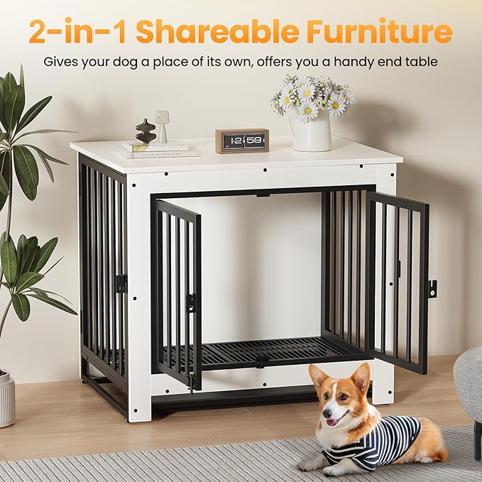 Dog Crate Furniture, Dog Crate End Table for Small and Medium Dogs,Wooden Cage Kennel Furniture Indoor, Modern Dog Crate with Multi-Purpose Removable Tray, Double-Doors Dog Furniture, White