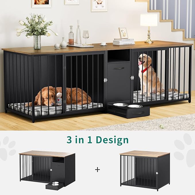 YITAHOME Double Dog Crate Furniture 94.5 inch with Feeder Bowls, Large Breed Dog Kennel with Divider and Storage Drawer, Heavy Duty Dog House TV Stand Indoor for 2 Large/Medium Dogs, Black