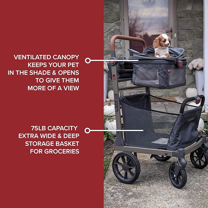 Wadabuggy Pet Foldable Cart - Luxury Cat & Dog Stroller with Extra Large Shopping Basket, Cup Holders, & Ventilated Canopy - Easy Fold Pet Stroller for Cats & Dogs