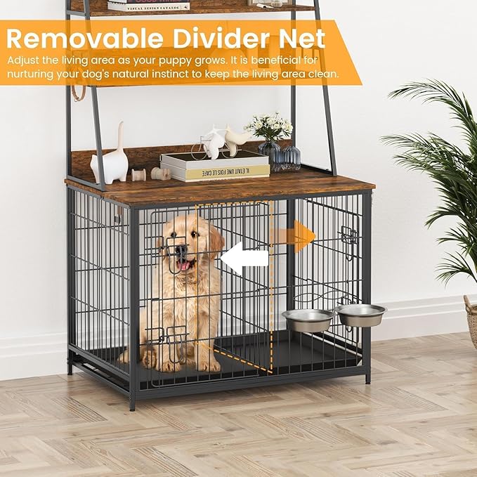 57 Inch Dog Crate Furniture with Storage - Large Dog Cage with Double Door,Dog House Kennel Indoor with Two 7" Dog Bowls,37.4"×24.4"×57.1",Vintage