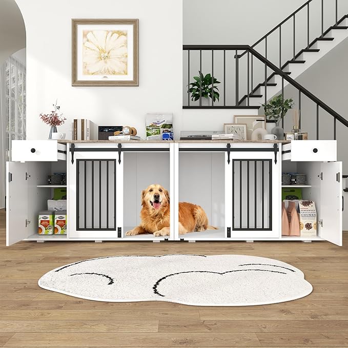 Verano Garden 88" Large Dog Crate, 2-in-1 Furniture-Style Dog Crate with Storage Drawer & Cabinet, Heavy Duty Dog Kennel Dog Cage Indoor for Small Medium Dogs, White (88.2")