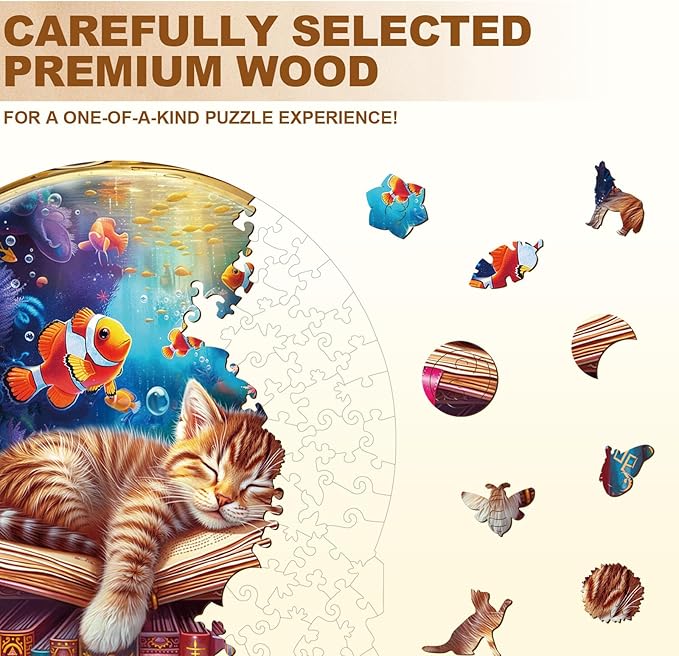 KAAYEE Wooden Puzzles for Adults, Kitten Dream Puzzles, 180 Piece Unique Animal Shape Puzzle, Cat Wood Puzzle for Adults, Creative Gifts for Cat Lover/Friends/Family, Home Decor(11.4 * 9.8in)