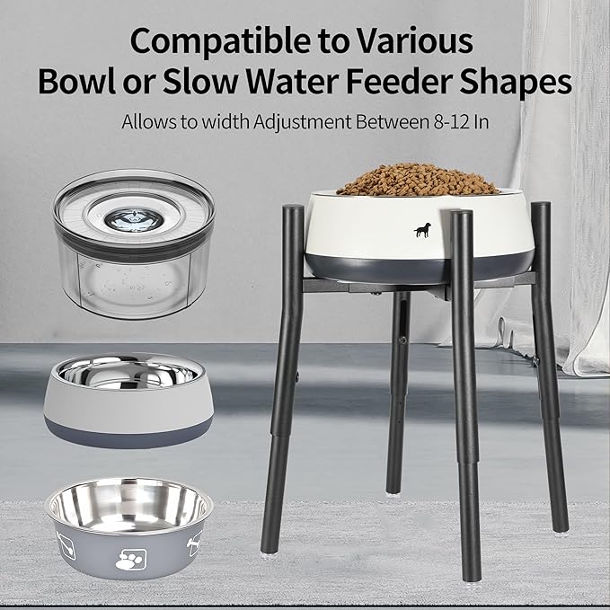 Raised Single Dog Bowl Stand, Adjustable 12-16" Tall, Elevated Dogs Food Bowl Stand for 8-12" Wide Bowls, Dog Bowl Holder for Medium Large - Metal Pets Dish Holder Only - Black