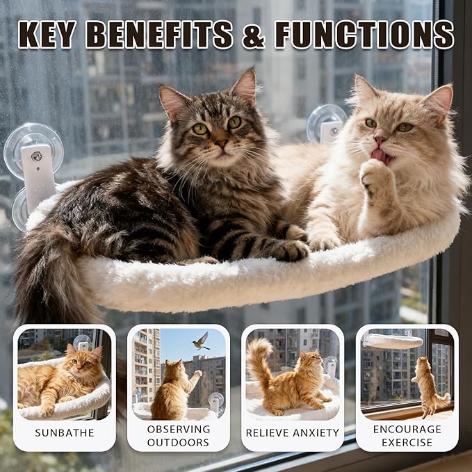 Cat Window Perch with Strong Suction Cups, Cat Window Hammock Foldable Bed with Breathable Mesh, All-Season Lounger for Medium Small Cats to Bird Watch & Sunbathe (White, XL)