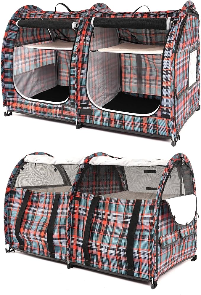 Mispace Portable Twin Compartment Show House Cat Cage/Condo - Easy to Fold & Carry Kennel - Comfy Puppy Home & Dog Travel Crate with Carry Bag/Two Hammocks/Mats and Collapsible Litter Box