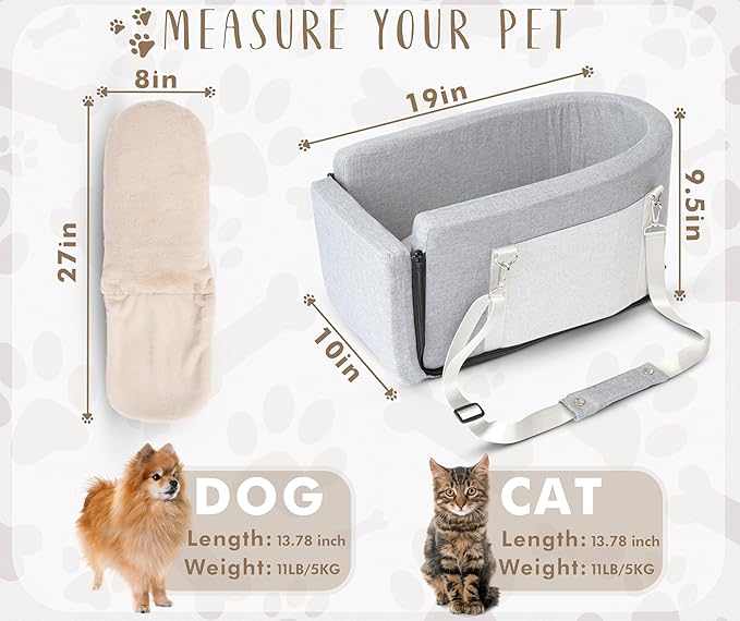 Multi-Function Small Dog Car Seat Center Console & Carrier - Sturdy Console Dogs Car Seats for Small Dogs & Cats, Pet Dog Bed for Cars Back Seat for Up to 11 lbs, 19 x 10 x 9.5 Inches, Gray