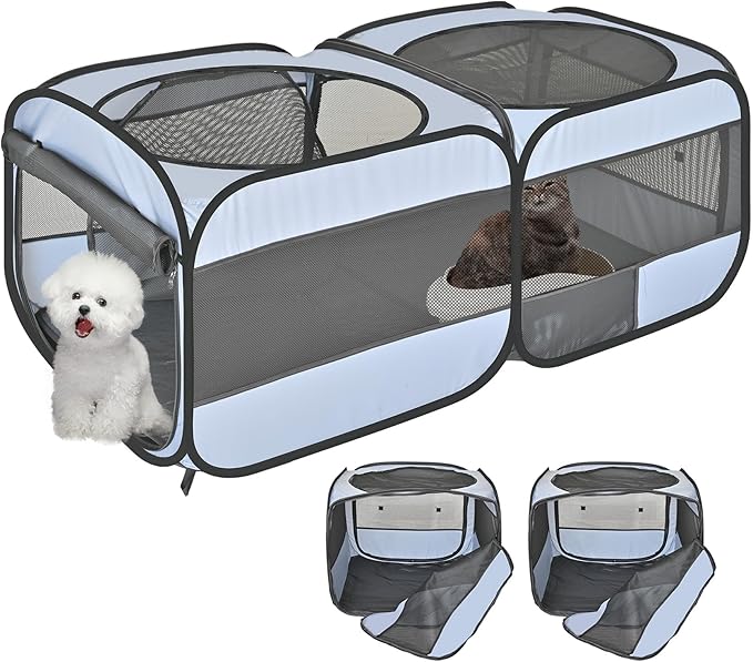 2-in-1 Pop Up Cat Playpen, Detachable into 2 Separate Pens with Additional Doors, Assembly-Free Portable Dog Crates Pet Pen Tent Kennel Kitten Puppy Enclosure Cage Indoor Outdoor Foldable Condo(S)