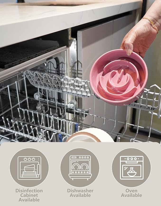 Ceramic Slow Feeder Dog Bowls Elevated, 0.6 Cup Slow Feeder for Small Dogs and Cats, Puzzle Maze Bowl, Prevents Choking, 6in, Pink