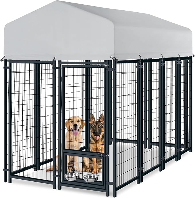 Oranland 8x4x6FT Outdoor Dog Kennel, Heavy Duty Welded Wire Steel Dog kennels with Secure Lock for Outside, Dog Pen with Waterproof Roof Cover and 2 Rotating Dog Bowls