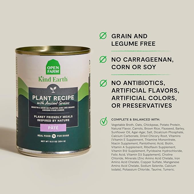 Open Farm Canned Dog Food, Plant Based Pate for Complete & Balanced Nutrition, Non-GMO Ancient Grains, Lentils and Vegetables, Plant Based Recipe, 12.5oz Cans (Pack of 12)