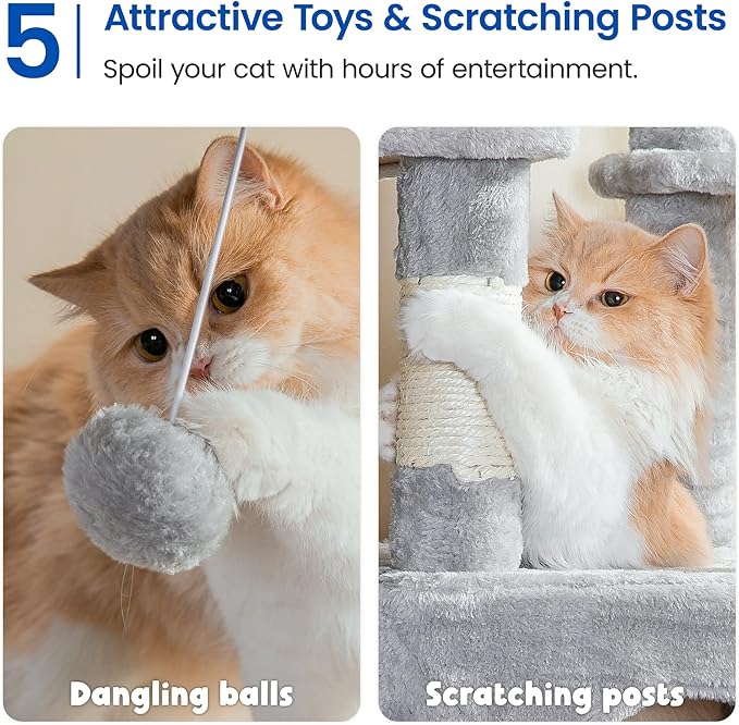 MWPO Extra Large Cat Tree - 70.1-Inch Tall Cat Tower with 3 Cat Condos, Multi-Level Cat Stand for Large Cats Featuring Scratching Posts, Padded Perches, Hammock, Dangling Toys, Light Grey