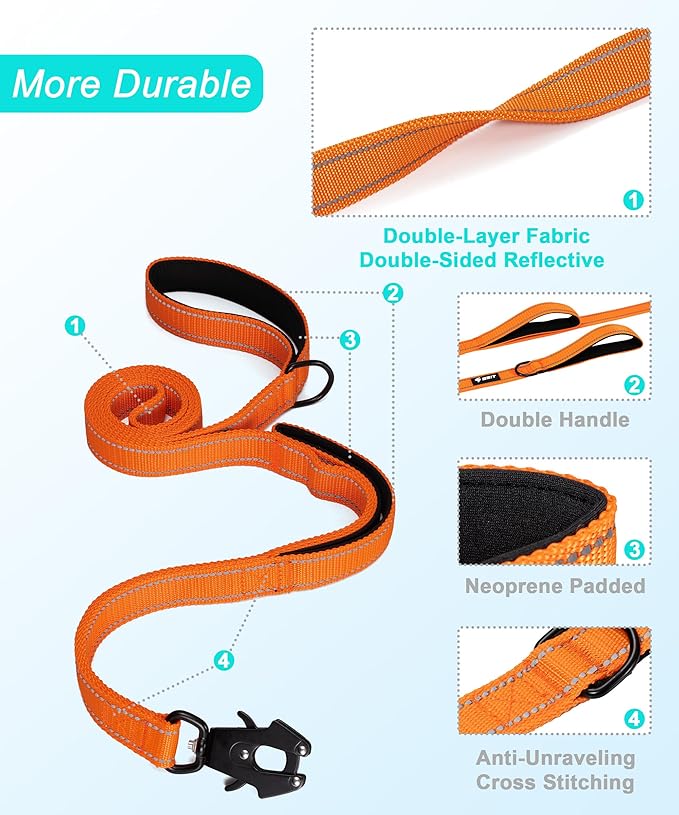 GEIT 4/5/6FT Heavy Duty Dog Leash with 2 Comfortable Padded Handles, Reflective Rope Leashes with Quick Release/Locking Tactical Frog Clip for Small Medium and Large Dogs, Orange