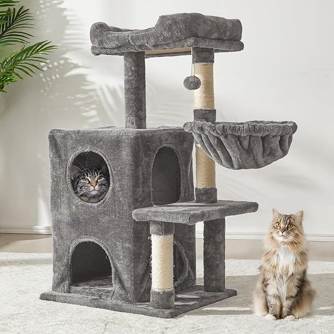 Multi-Level Cat Tree Tower for Large Cats with Scratching Posts, Condos, Perch, Hammocks & Toys, Cat Jungle Gym for Indoor Cats, Ideal for Multi-Cat Households, Grey