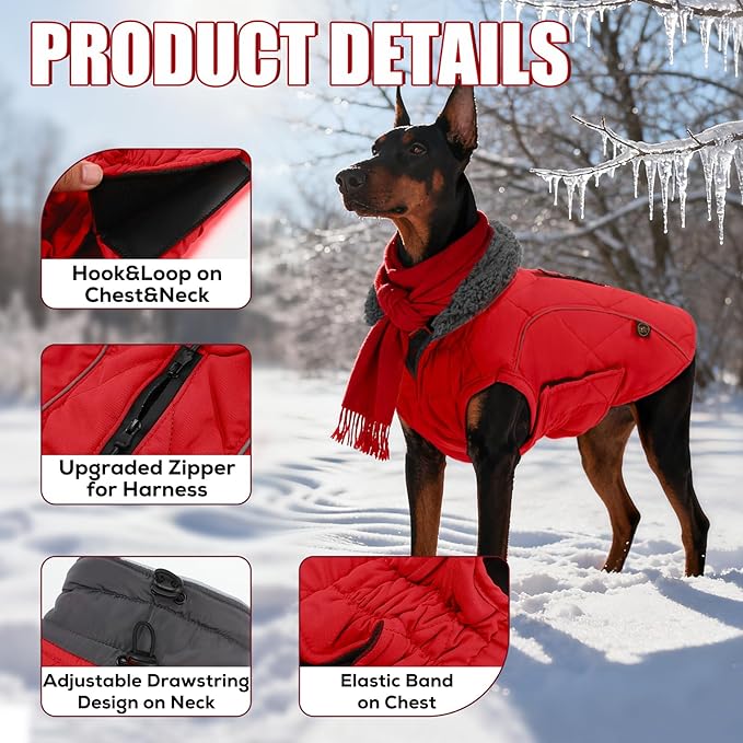 EMUST Winter Dog Coat for Medium Boys - Thick Clothes with Harness Hole for Cold Weather, Red, M
