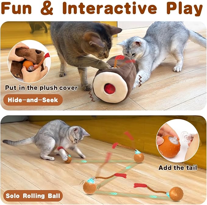 Interactive Cat Toys for Indoor Cats,Hide n Seek Automatic Cat Ball in Plush Burrow,Mouse Squeaky for Stimulating, Rechargeable, Motion Activated,Pop Play Cat Puzzle Toy