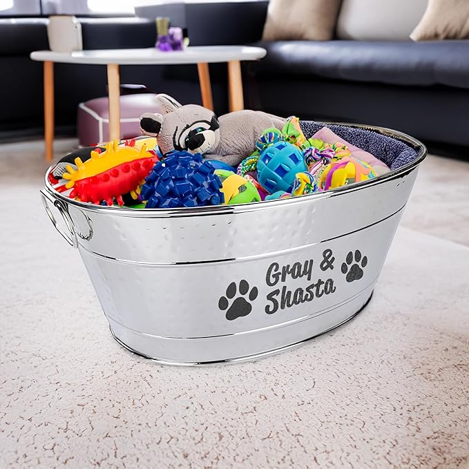 BREKX Personalized Metal Dog Toy Bin - Copper Galvanized Storage Bin with Handles, Basket for Pet Toys, Dog Toy Box, Pet Storage - Custom Dog Name Gift (Medium - Silver)
