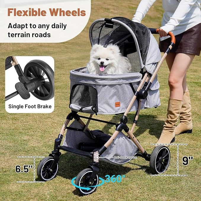EchoSmile Small Medium Dogs Stroller 4-Wheel Pet Strollers for Medium Dogs Up to 50lbs, One Click Folding Large Cat Stroller, Reversible Handle, Shock Absorbing Wheels, Removable Washable Pad