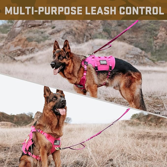 Forestpaw Pink Tactical Dog Harness for Large Dogs,Tactical Dog Collar with Bungee Leash Set,No Pull Military Dog Harness for Walking Training,Adjustable for Medium Large Dogs,Chest 19.5-41.5"