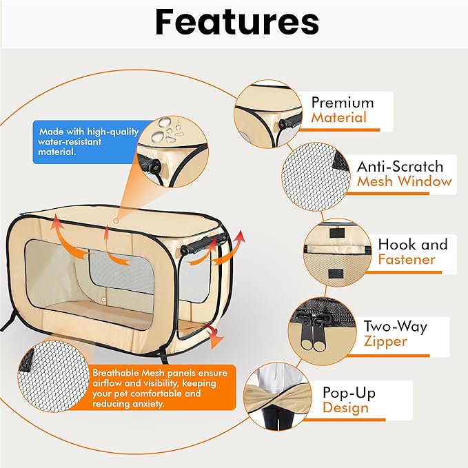 Beatrice Home Fashions Portable, Collapsible, Pop Up Kennel Travel Cat and Dog Crate, 40" L x 27" W x 27" H, Beige