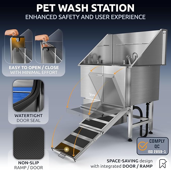 KANIS Professional Dog Washing Station - 304 Stainless Steel Pet Wash Sink & Grooming Bathtub w/Shower, Floor Grates and Storage for Large, Medium & Small Pets (40", 1 Drawer - Right Ramp)
