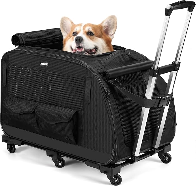 Pecute Cat Carrier with Wheels, Large Space Dog Carrier up to 40lbs,Pet Stroller for Short Legged Dogs,Dog Crate for Medium Small Dogs,Suitable for Dachshund, French Bulldog, Basset Hound, Corgi