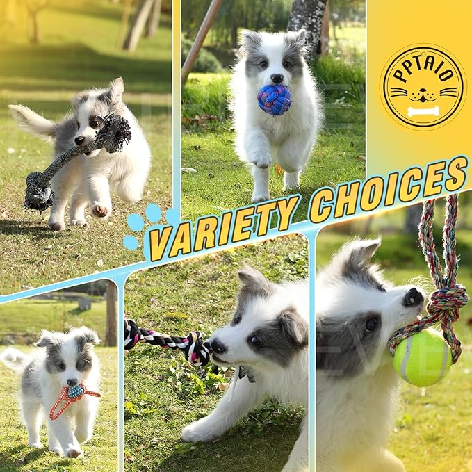 Dog Rope Toys with 18 pcs for Teething, Entertainment & Interaction, Dog Chew Toys, Training Tug Balls and Squeaky Toys for Medium&Small Puppies.