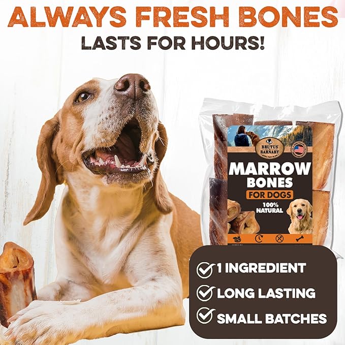BRUTUS & BARNABY Marrow Bones for Dogs – 100% USA-Sourced Beef Bones – Long-Lasting, All-Natural Dog Chews – High Protein, Supports Dental Health, (6-pk) – Made in The USA