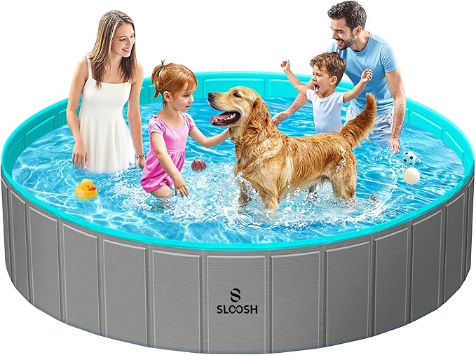 SLOOSH Foldable Dog Kiddie Pool - Portable Hard Plastic Doggie Swimming Pool, Anti-Slip Collapsible Pets Bath Tub Suitable for Kids Toddler Indoor Outdoor Backyard Use (Gray, 71" x 12")