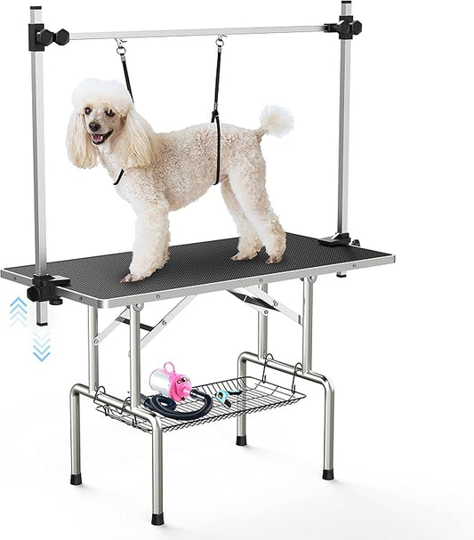 Lyromix 36''Large Dog Grooming Table, Adjustable Cat Drying Desktop with Arms, Nooses, Mesh Tray, Foldable Pet Station at Home, Maximum Capacity Up to 330Lb, 36inch, Black
