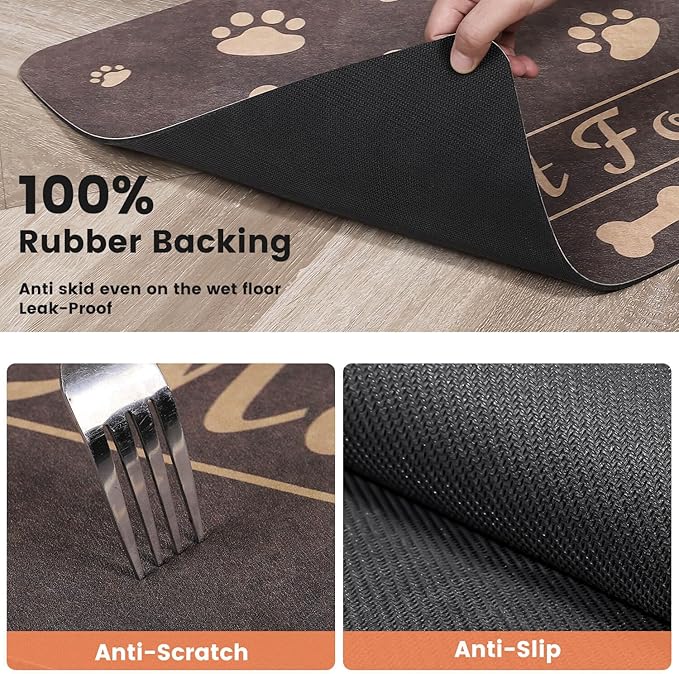 Pet Feeding Mat-Absorbent Pet Placemat for Food and Water Bowl, with Waterproof Rubber Backing, Quick Dry Water Dispenser Mat for Dog and Cat (20"x12", Brown)