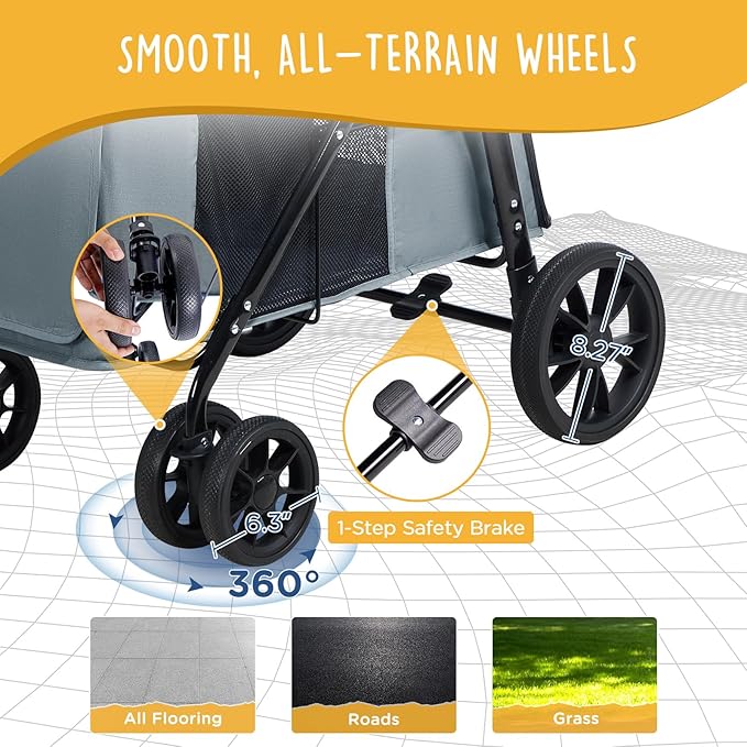 Scout Pet Stroller, 4-Wheel Design for Small/Medium Dogs - One-Button Fold, Adjustable Mesh Windows & Shades, 360° Swivel Front Wheels, Rear Wheel Brake for Safety, Grey