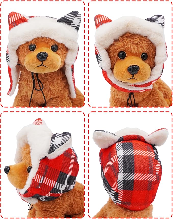 PET SHOW Dog Trapper Hat Winter Hat for Small Dogs Christmas Warm Fleece Aviator Hats with Ear Flaps Adjustable Outdoor Boy Puppy Pet Pilot Costume Cap S-Red Plaid/Without Ear Holes