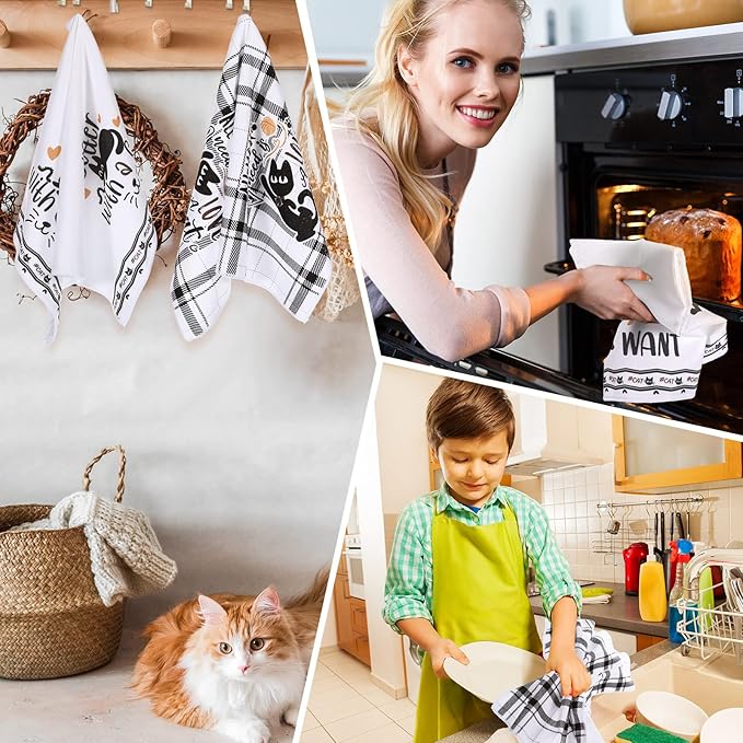 Redbaker 6 Pcs Black Cat Theme Kitchen Towels Funny Dish Towel Black White Kitchen Hand Dishcloth Kitty Decorative Tea Dishcloth with Hanging Loop for Cat Lover Bathroom Home Housewarming Gift