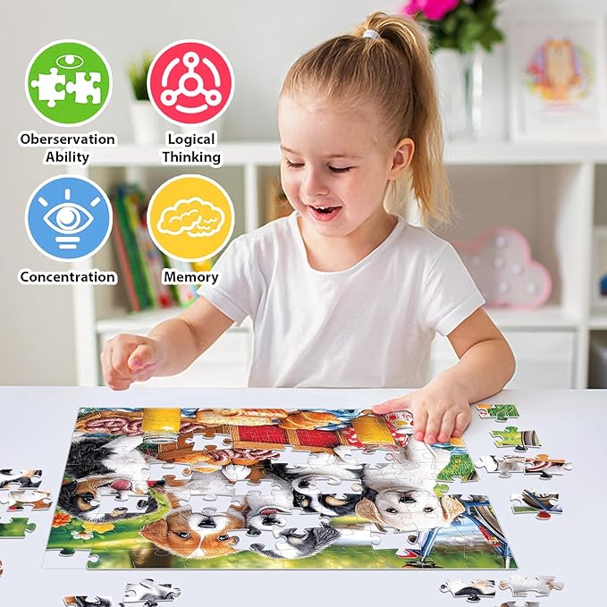 100 Piece Puzzles for Kids Ages 4-6 & 5-8, Puppies Picnic Jigsaw Puzzle for Kids Ages 8-10, Large Piece Puzzles for Adults & Seniors Educational Interactive Family Fun Puzzle for Boys Girls