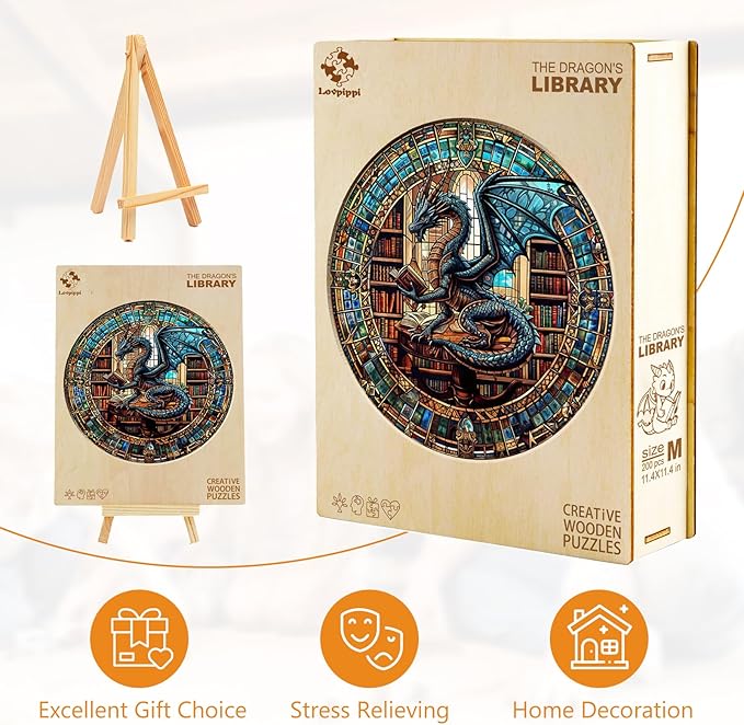 Wooden Puzzles for Adults, Wooden Jigsaw Puzzles for Adults, Wood Puzzles Adult-The Dragon's Library Unique Shaped Dragon Puzzle, Birthday Gifts for Friends Family Game (11.4 * 11.4in 200pcs)
