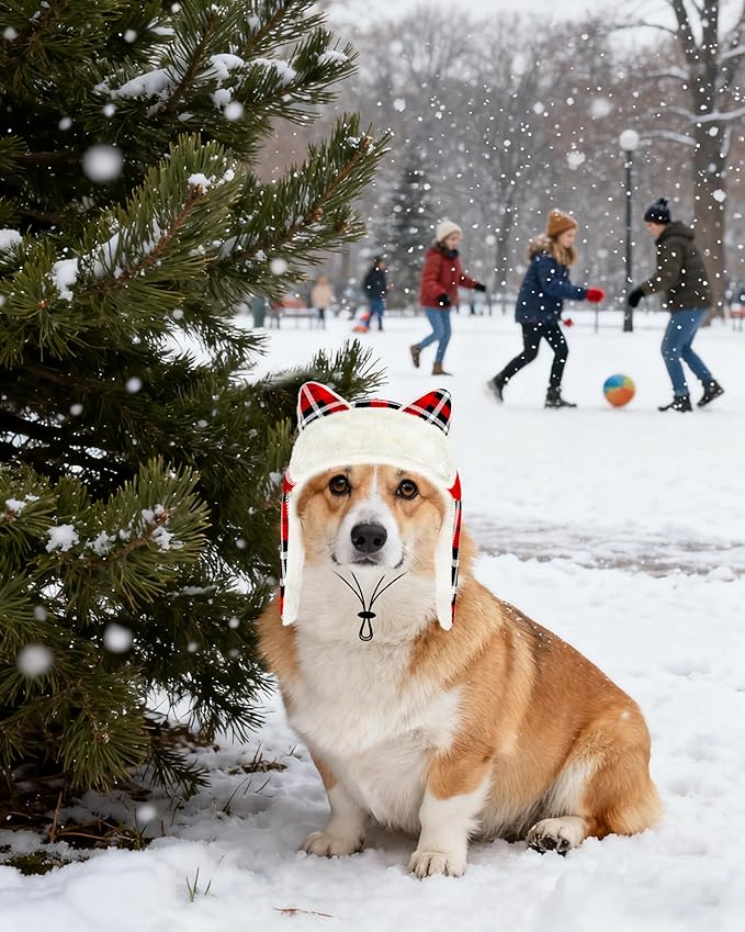PET SHOW Dog Trapper Hat Winter Hat for Small Medium Dogs Christmas Warm Fleece Aviator Hats with Ear Flaps Adjustable Outdoor Boy Pet Pilot Costume Cap M-Red Plaid/Without Ear Holes