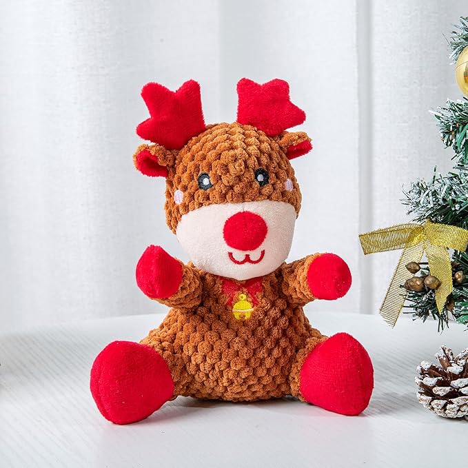 Hollypet Christmas Squeaky Plush Stuffed Durable Dog Toys, Cute Puppy Chew Toys for Small, Medium and Large Breed Dogs, Sitting Elk