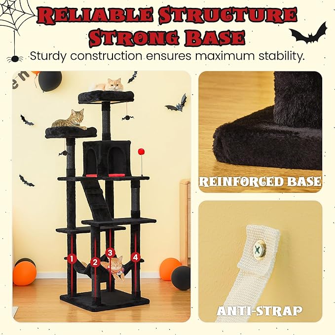 MWPO Gothic Large Cat Tree, 70.1-Inch Multi-Level Tall Cat Tower for Indoor Cats, Plush Cat Condo with Big Padded Perches, Sisal-Covered Scratching Posts, Hammock, Toys for Kittens & Cats, Black