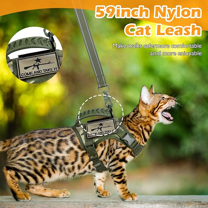 Tactical Cat Harness and Leash Set for Walking Escape Proof, Adjustable Large Cat Vest Harness with Molle Patches, Soft Mesh Padding, Rubber Handle Easy to Control