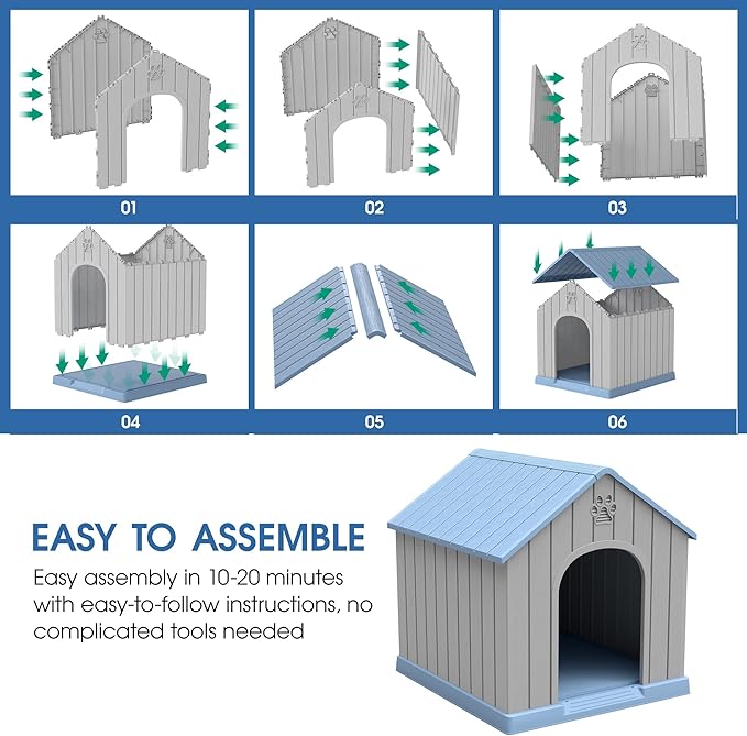 Large Dog House Outdoor Indoor, Durable Plastic Waterproof Doghouse with Air Vents and Elevated Floor, Easy Clean and Assemble for Medium Large Dogs (Classic Blue, 36.2''L×38''W×38''H)