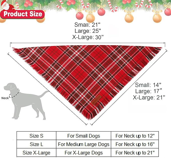 ADOGGYGO Christmas Dog Bandanas with Tassels Edges, Stylish Red Plaid Xmas Scarf, Multiple Sizes, Christmas Bandanas for Medium Large Dogs (Large)